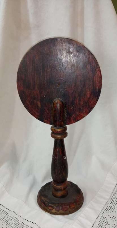 Upright wooden shaving mirror with metalwork decorative detail