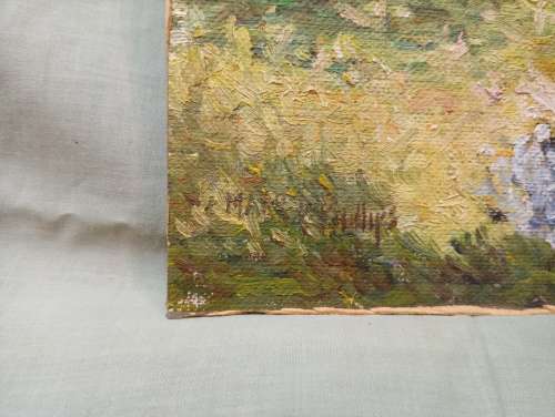 Climbing rose cottage garden scene painting on board unframed