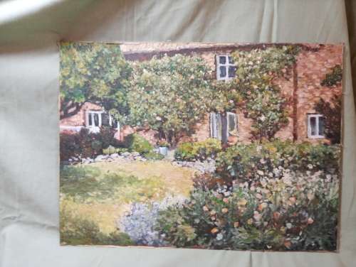 Climbing rose cottage garden scene painting on board unframed