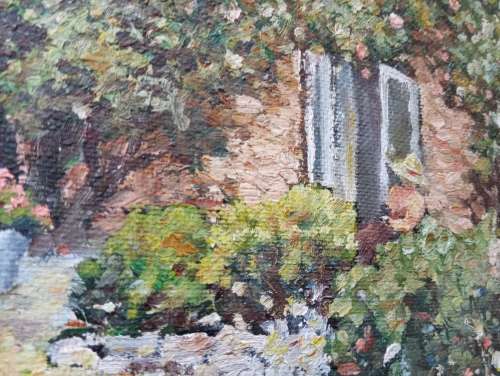 Climbing rose cottage garden scene painting on board unframed