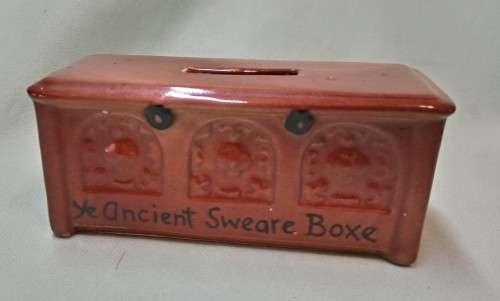 Novelty porcelain money box. Ye ancient sweare boxe