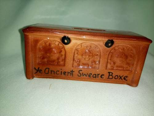 Novelty porcelain money box. Ye ancient sweare boxe