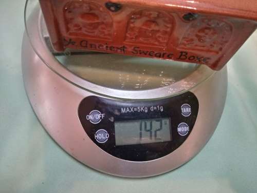 Novelty porcelain money box. Ye ancient sweare boxe