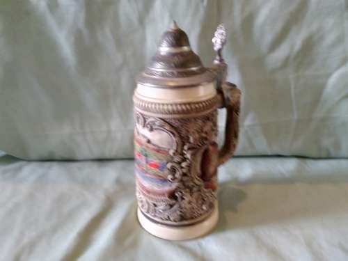 Vintage German beer Stein with pewter lid stamp in lid ZINN Stamped underneath made in Germany