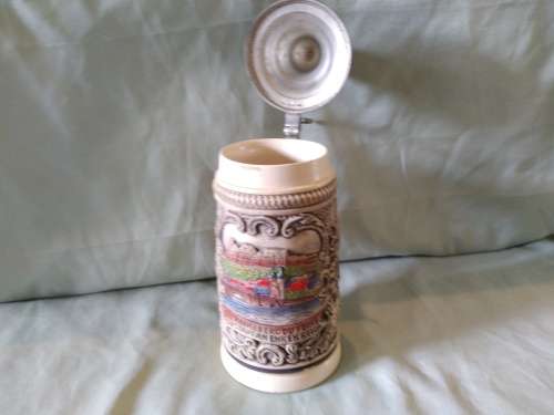 Vintage German beer Stein with pewter lid stamp in lid ZINN Stamped underneath made in Germany