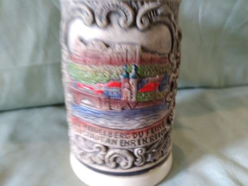 Vintage German beer Stein with pewter lid stamp in lid ZINN Stamped underneath made in Germany