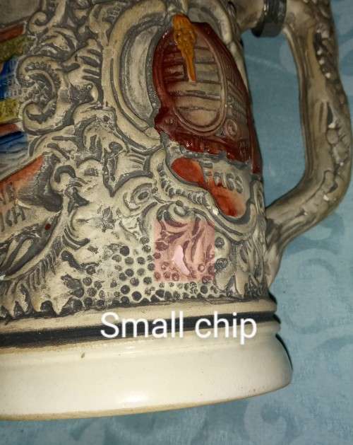 Vintage German beer Stein with pewter lid stamp in lid ZINN Stamped underneath made in Germany