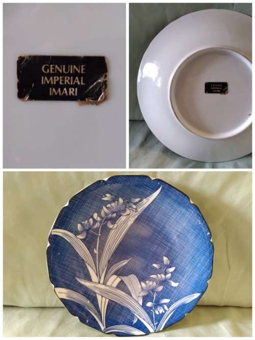 Imari plate blue background stylised orchids