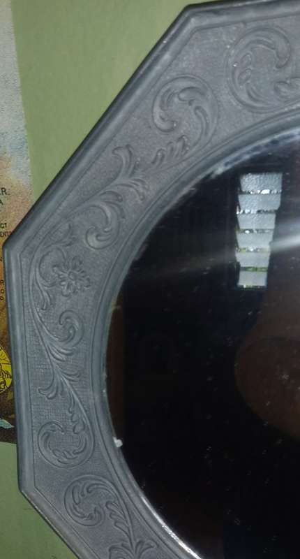 Mirror hexagonal pewter frame stamped with Maker`s Mark