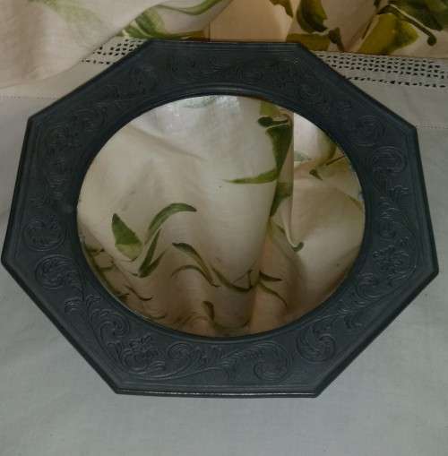 Mirror hexagonal pewter frame stamped with Maker`s Mark