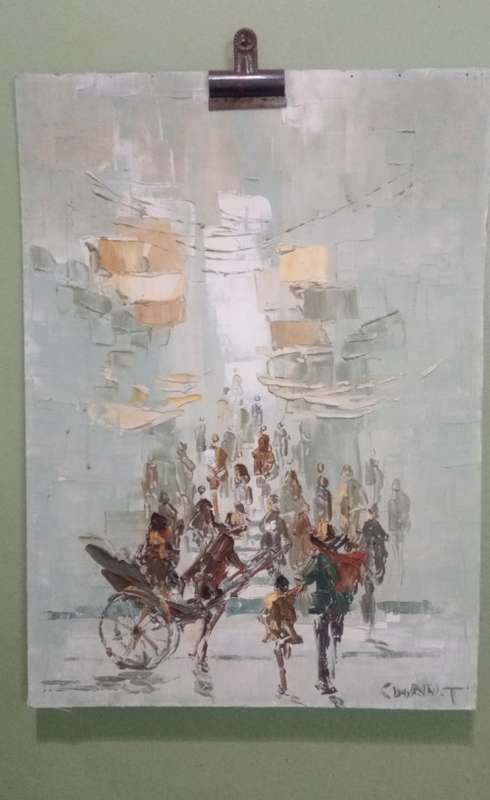 Oil on board unframed. Street scene.