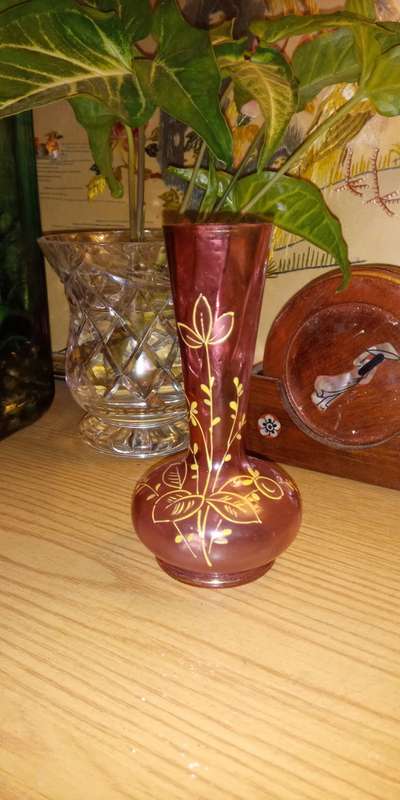 Pink glass posy vase with gold botanical