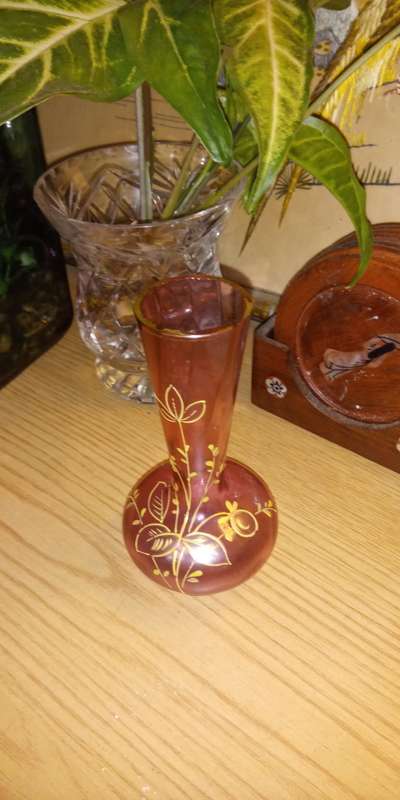 Pink glass posy vase with gold botanical