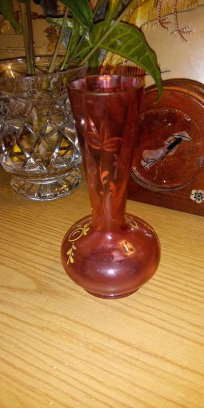 Pink glass posy vase with gold botanical