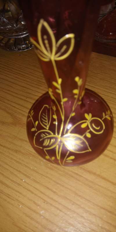 Pink glass posy vase with gold botanical