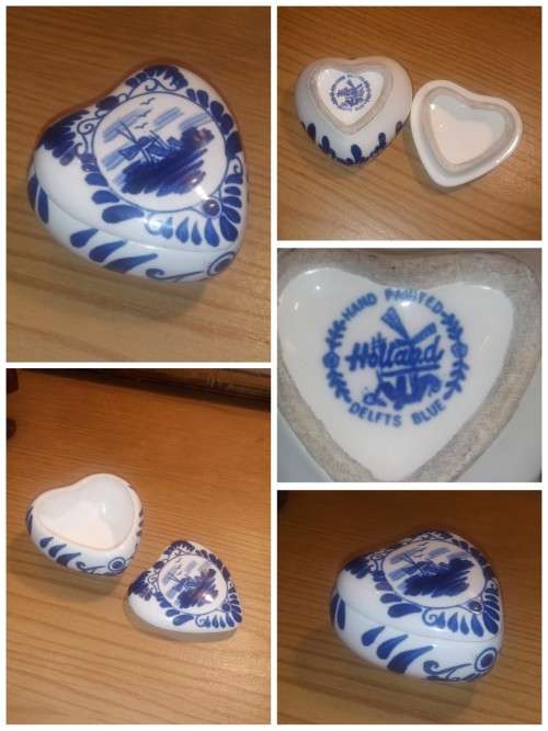 Delft heart lidded trinket dish. Hand painted
