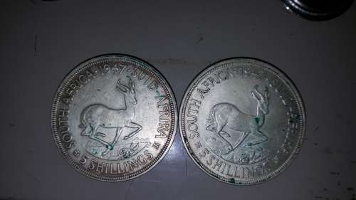 TWO 1947 FIVE SHILLING COINS BID PER COIN