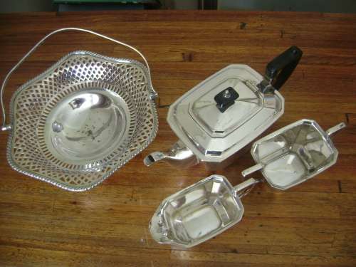 VINTAGE SILVER PLATED TEA SET AND BISCUIT BASKET