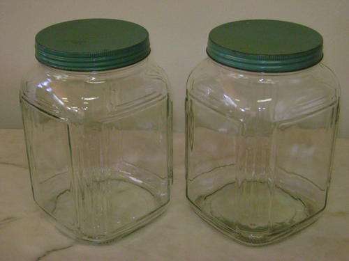 2 VINTAGE COUNTER SWEET GLASS BOTTLES - (14.5 CM x 14.5 CM x 22.5 CM HIGH)