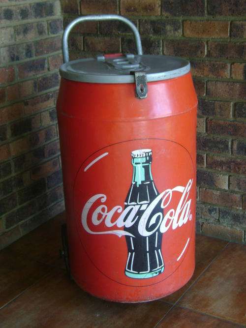 VERY LARGE COCA-COLA COOLER TROLLEY (HARD PLASTIC TIN-SHAPED CONTAINER ON WHEELS)