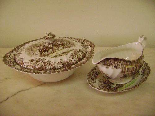 JOHNSON BRO'S "COACHING SCENES" SERVING BOWL WITH LID +GRAVY BOAT ON SAUCER-ALL IN PERFECT CONDITION