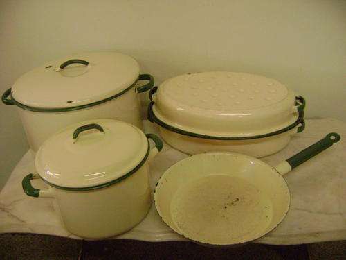COLLECTION OF STUNNING ENAMEL KITCHEN ITEMS - SOLD TOGETHER AS ONE LOT