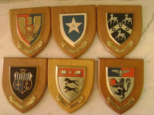 6 COAT OF ARMS SHIELD PLAQUES MOUNTED ON WOOD - SOLD TOGETHER AS ONE LOT