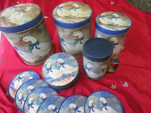 3 GEESE TINS, A SALT SHAKER AND 6 COASTERS IN A TIN!!