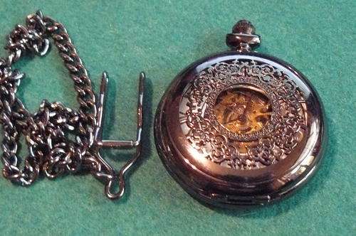LOVELY GUN METAL BLACK POCKET WATCH WITH FOB CHAIN