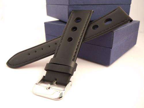 22 mm Black Perforated Calf Type Leather Watch Strap