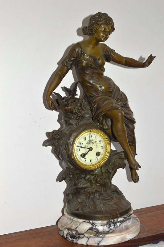 Beautifull French sigened F.Moreau spelter Premier fruits clock