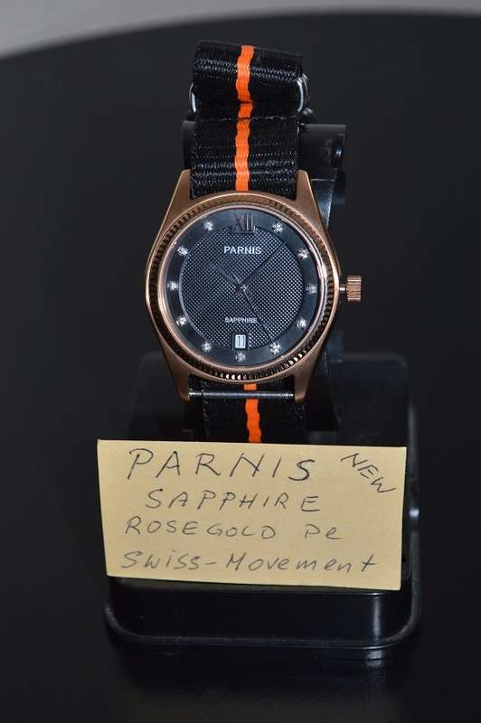 NEW Elegant black faced PARNIS Swiss Mvt men`s watch andandandREDUCEDandandand