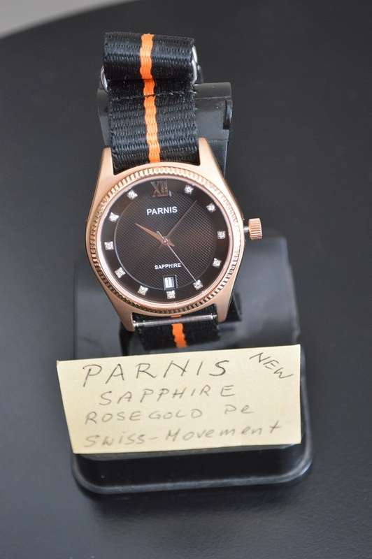 NEW Elegant black faced PARNIS Swiss Mvt men`s watch andandandREDUCEDandandand