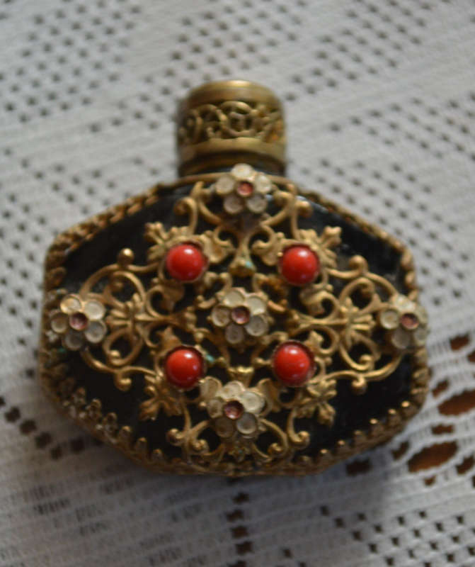 Vintage Mini Black Perfume Bottle with gold filigree