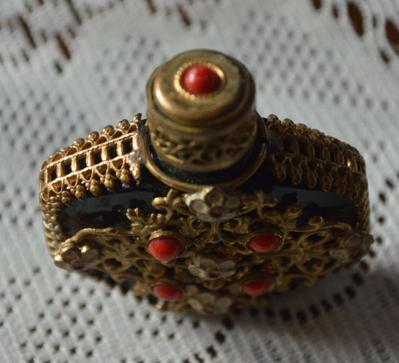 Vintage Mini Black Perfume Bottle with gold filigree
