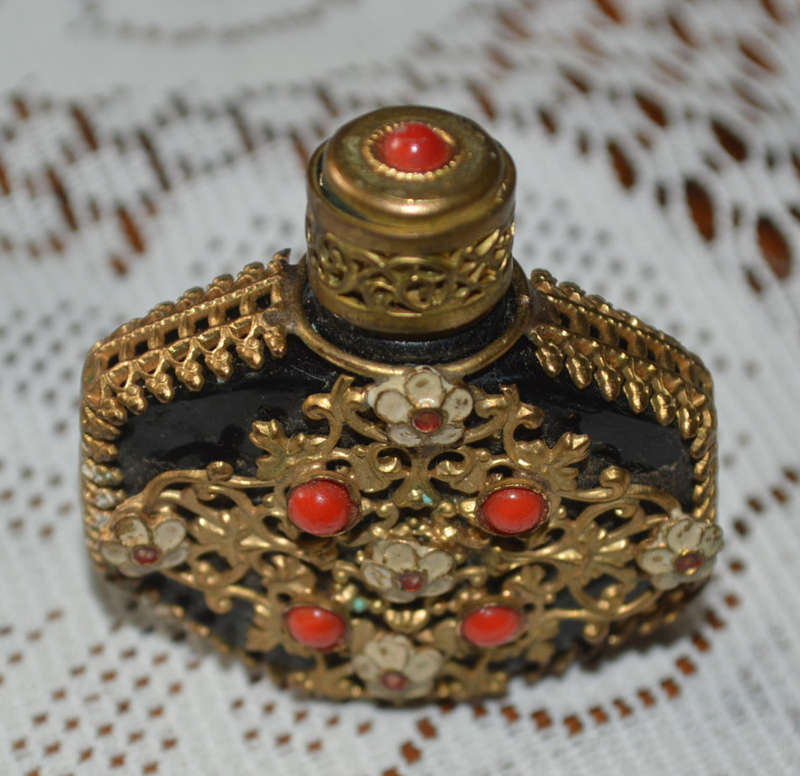 Vintage Mini Black Perfume Bottle with gold filigree