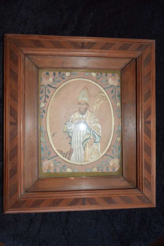 A unique one of a kind silk stiched picture of St nicholas who brought the children back to life