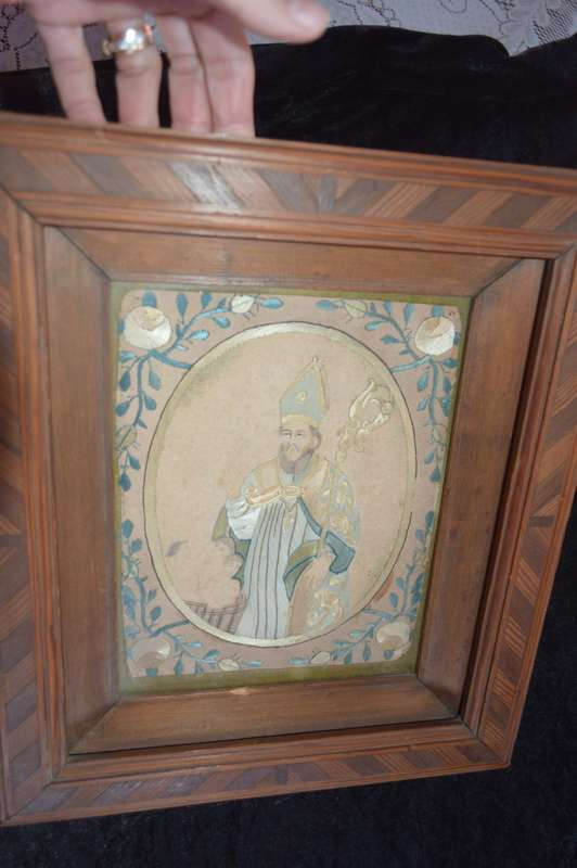 A unique one of a kind silk stiched picture of St nicholas who brought the children back to life