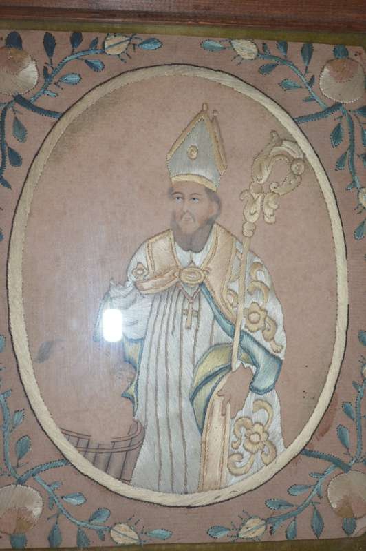 A unique one of a kind silk stiched picture of St nicholas who brought the children back to life