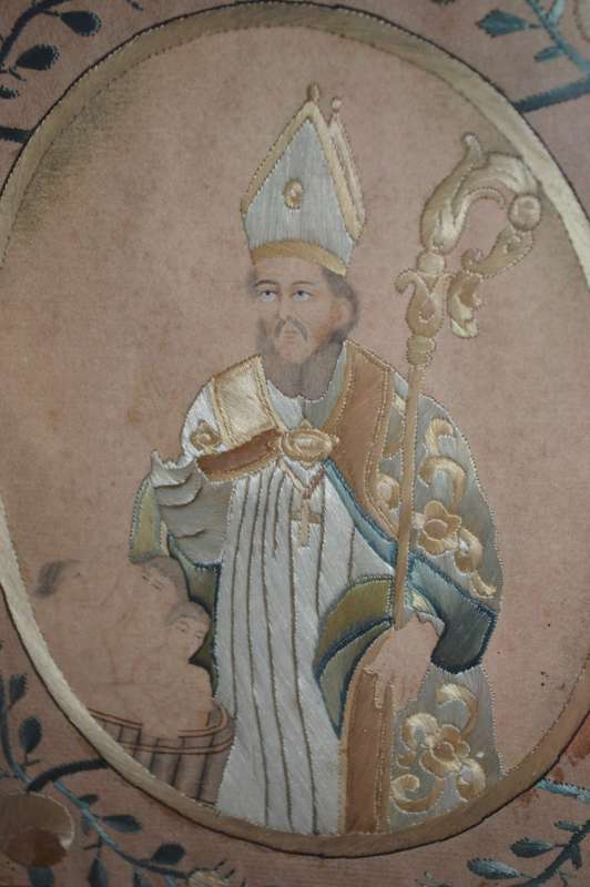 A unique one of a kind silk stiched picture of St nicholas who brought the children back to life