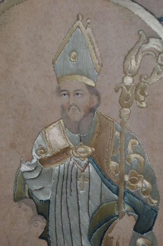A unique one of a kind silk stiched picture of St nicholas who brought the children back to life