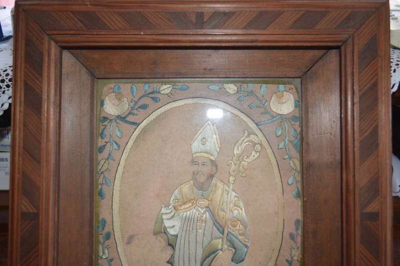 A unique one of a kind silk stiched picture of St nicholas who brought the children back to life