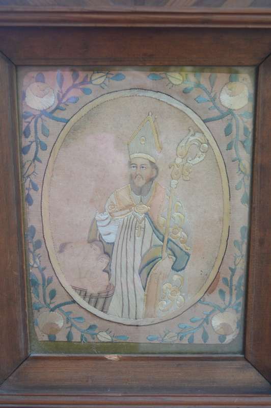 A unique one of a kind silk stiched picture of St nicholas who brought the children back to life