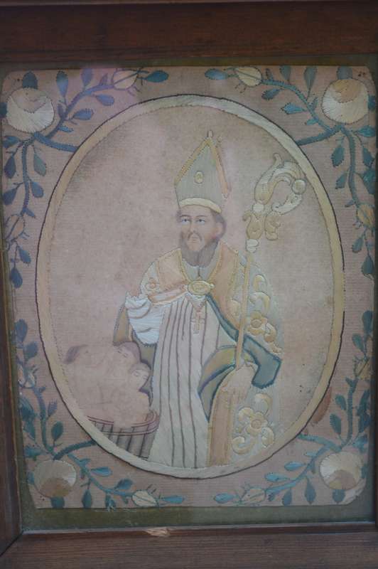 A unique one of a kind silk stiched picture of St nicholas who brought the children back to life