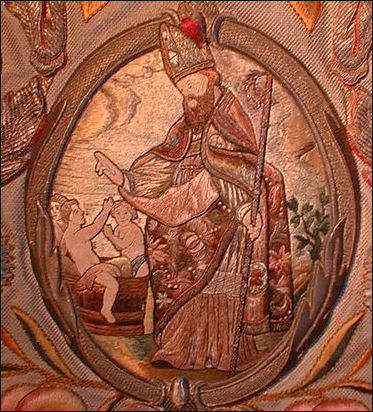 A unique one of a kind silk stiched picture of St nicholas who brought the children back to life
