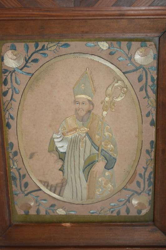 A unique one of a kind silk stiched picture of St nicholas who brought the children back to life