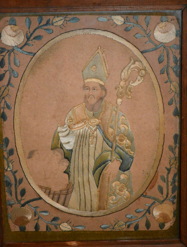 A unique one of a kind silk stiched picture of St nicholas who brought the children back to life