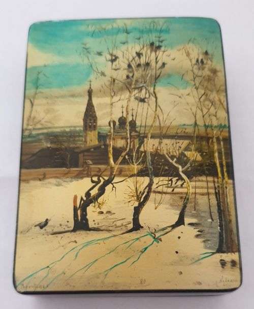 Signed Hand Painted Fedoskino Russian paper mache Lacquer Box. ` The Rooks Have Returned `