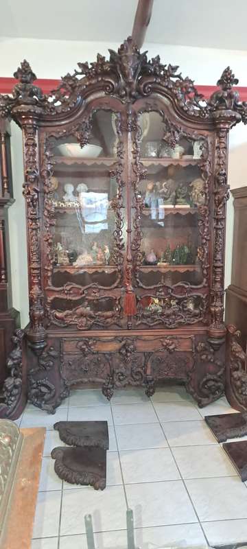 Grand Antique German Oak Carved Display Cupboard