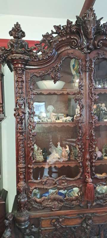 Grand Antique German Oak Carved Display Cupboard